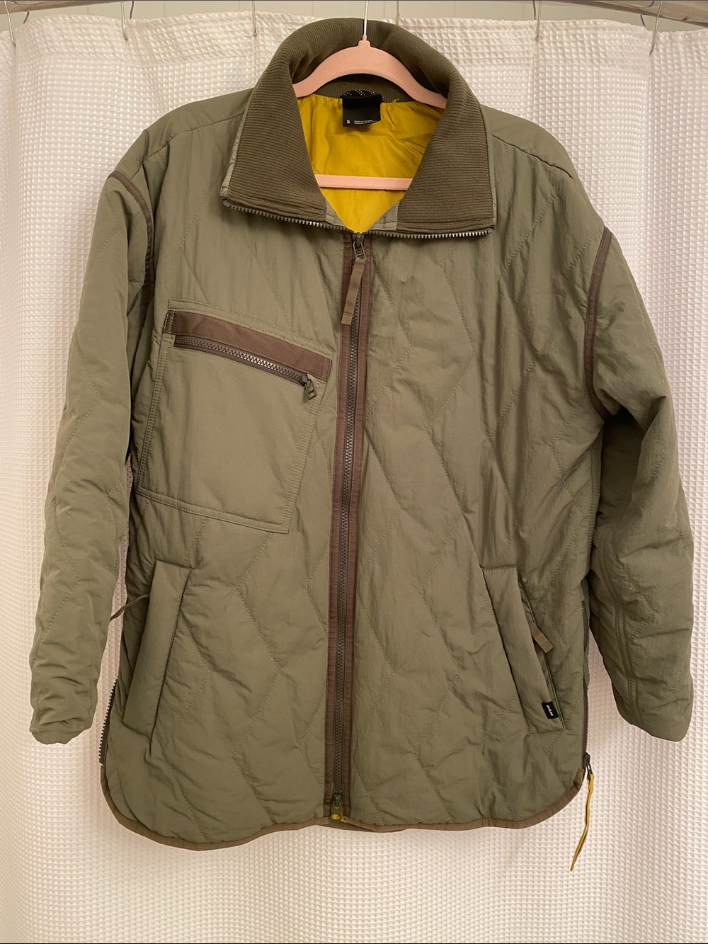 Prana Olive Green Quilted Puffer Jacket with Mustard Yellow Lining